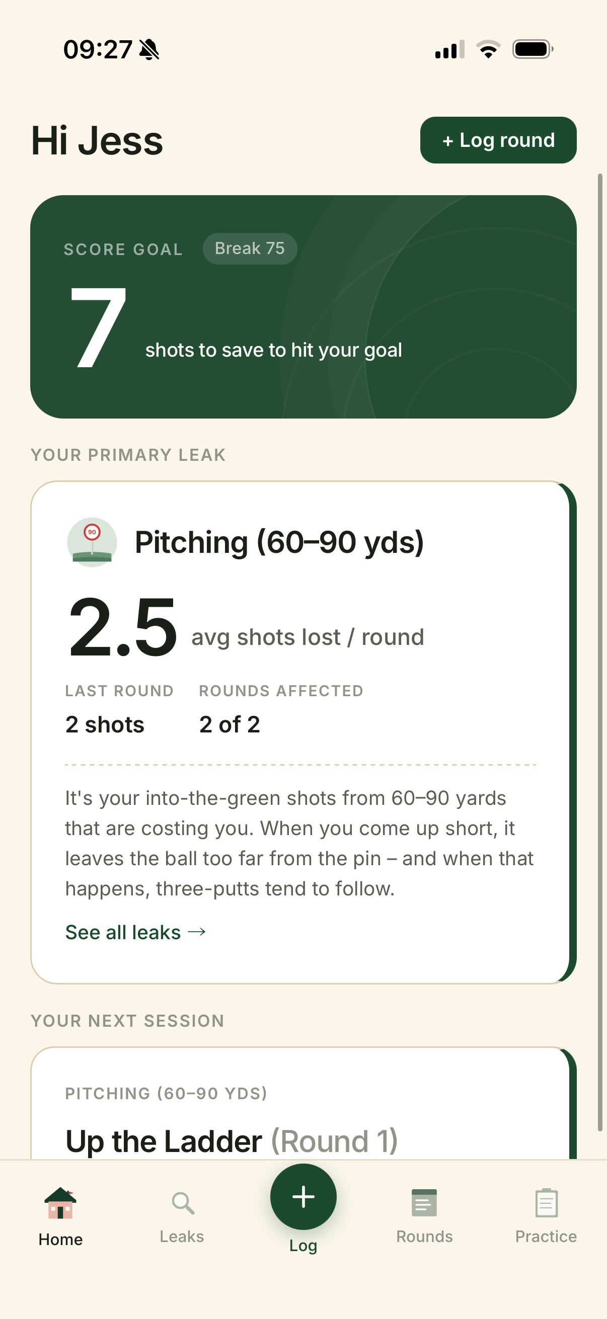 The Trail Golf home screen — score goal, primary leak and next session