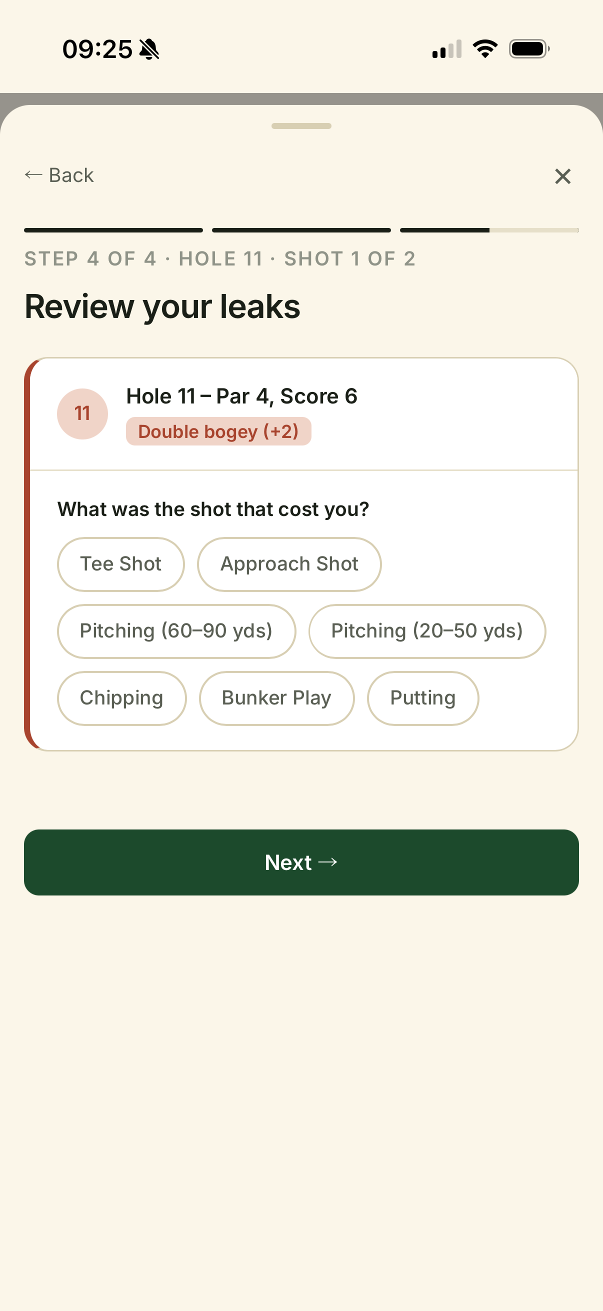 Trail Golf diagnostic: for a dropped shot it asks which shot cost you, the club, why and where you missed