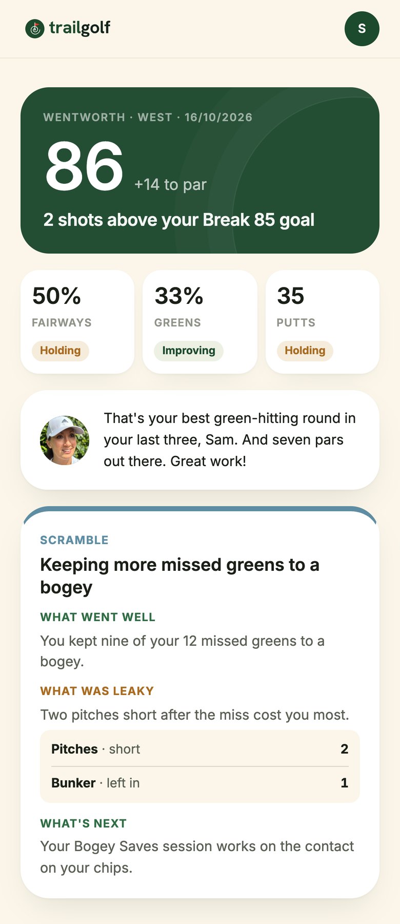 The recap of an 86: fairways, greens and putts, a coach message, then Scramble – nine of 12 missed greens kept to a bogey and what to work on next